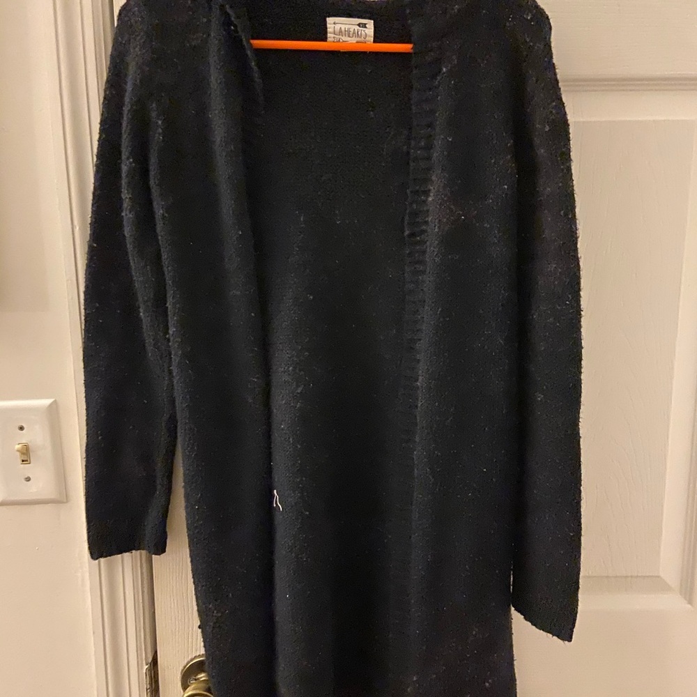 LA Hearts Long Black Hooded Open Sweater